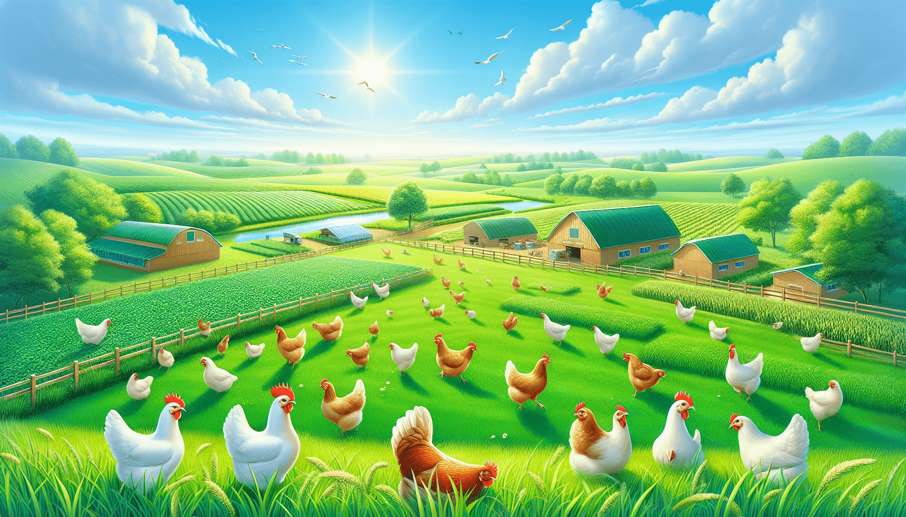 Chickens roaming in a green pasture
