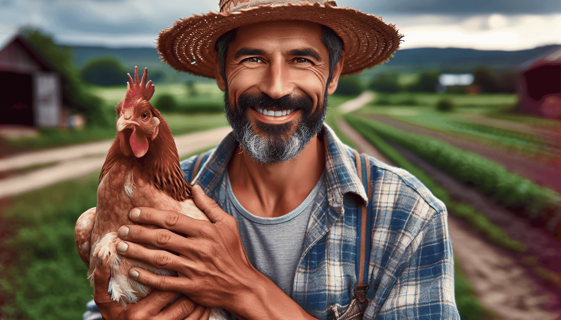Farmer holding a chicken